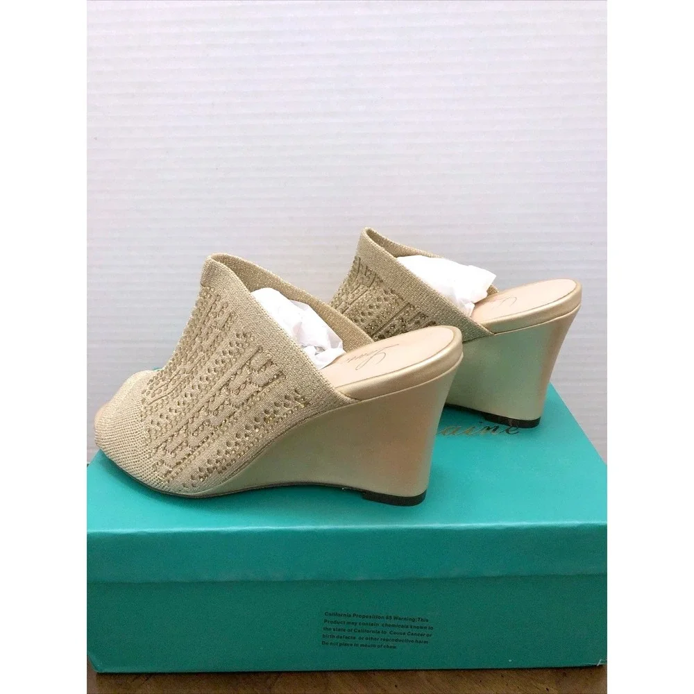 Lauren Lorraine‎ Gold Embellished Knit Open Wedge Heel Shoes Mules  Sz 6 /#S1104